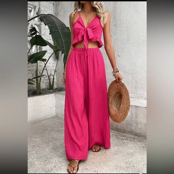 47) 2 piece Pink Women's Jumpsuit NEW size XL pink wide leg women’s boho chic - Picture 5 of 10